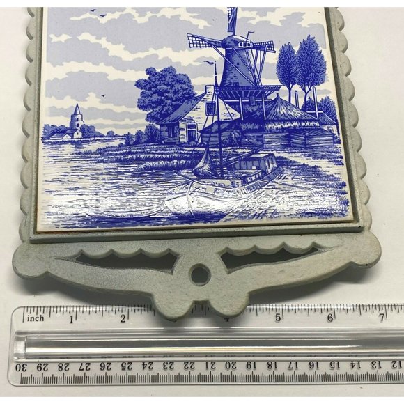 Vintage Dutch Windmill Trivet Countryside Boats Blue White Tile Made in Japan - Picture 5 of 12
